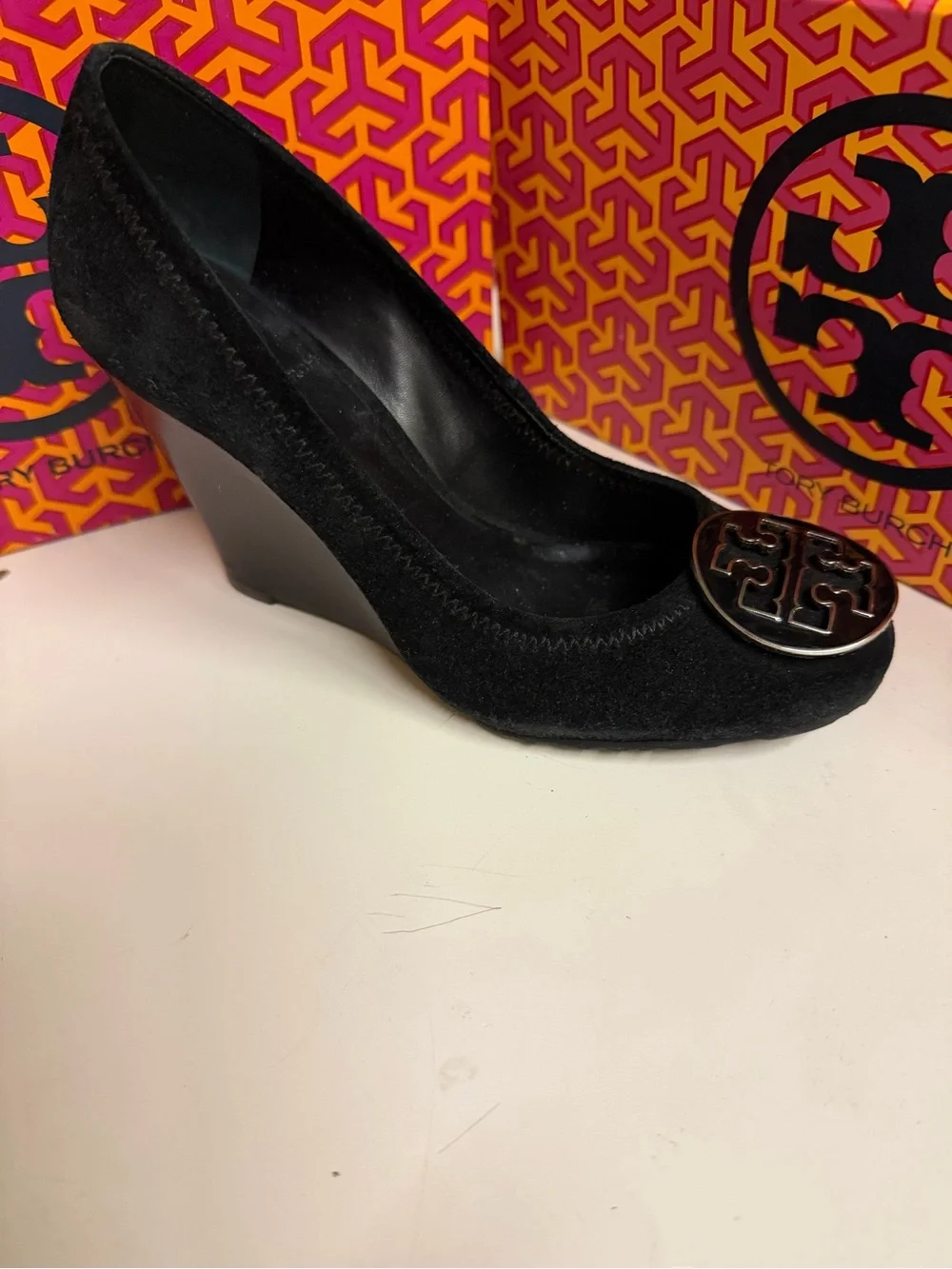 Tory Burch Black Suede Wedge Pumps with Gold Logo Medallion